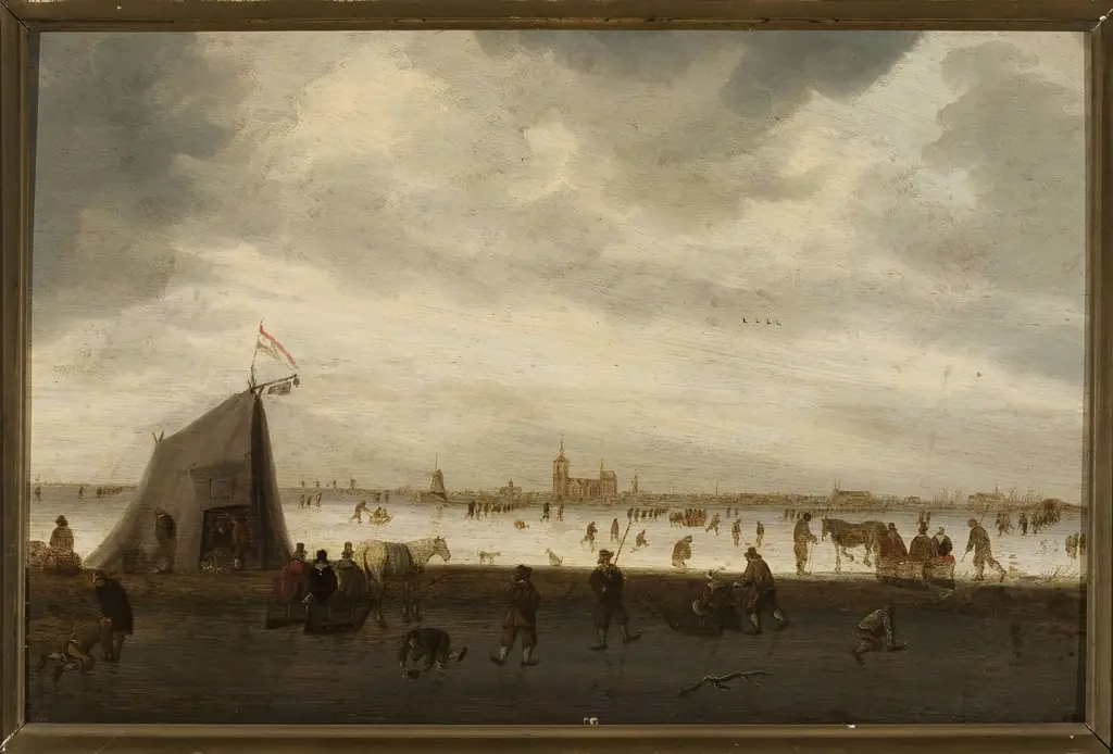 Skating near the city, by Unknown