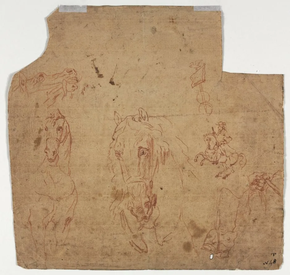 Sketches of Horses and Riders (recto), by Unknown, 1604