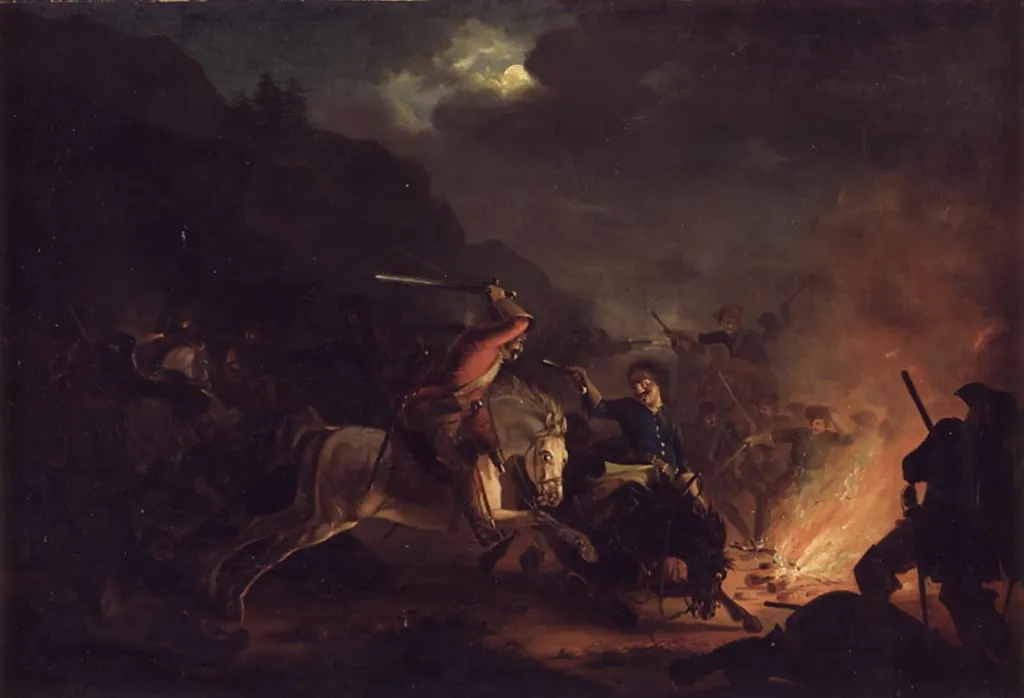 Skirmish at Night between Norwegian and Swedish Cavalry, by Unknown, 1850