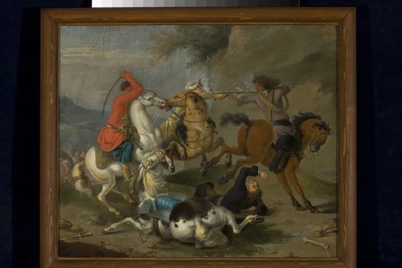 Skirmish between the Poles and the Swedes during the Northern War (1700–1718), by Unknown, oil, 1704