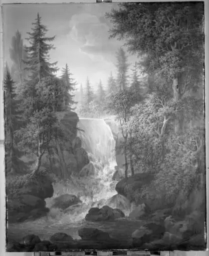 Skovrigt landskab med et vandfald, by Unknown