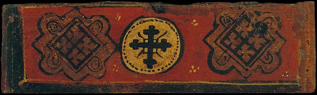 Small coffered ceiling panel with a cross and coats of arms in lozenge form, by Unknown