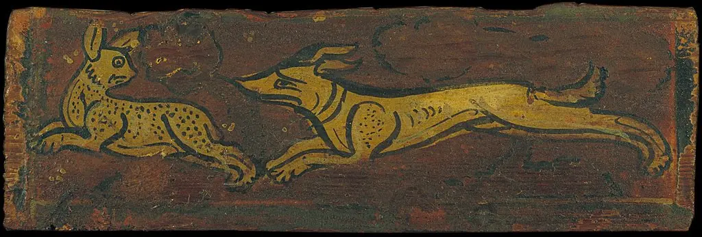 Small coffered ceiling panel with a dog pursuing a hare, by Unknown