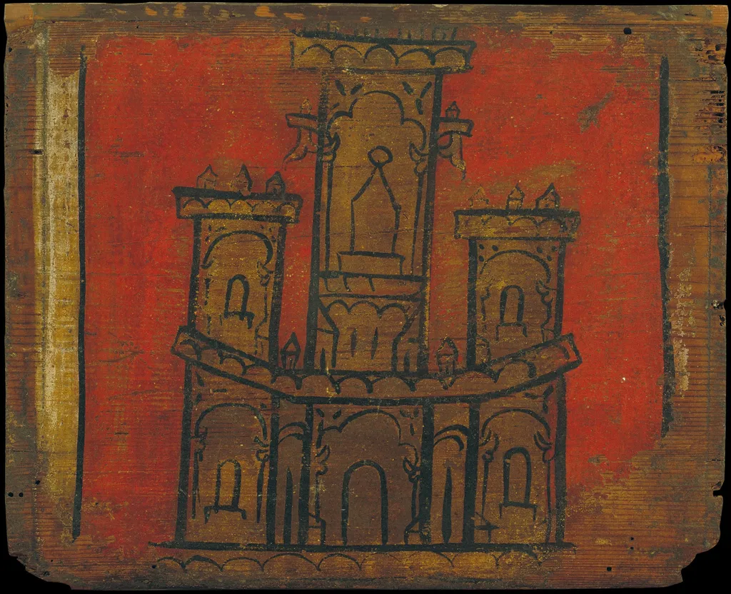 Small coffered ceiling panel with castle, by Unknown, unspecified, 1350