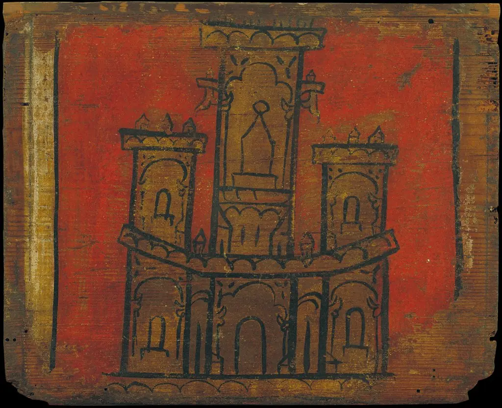 Small coffered ceiling panel with castle, by Unknown