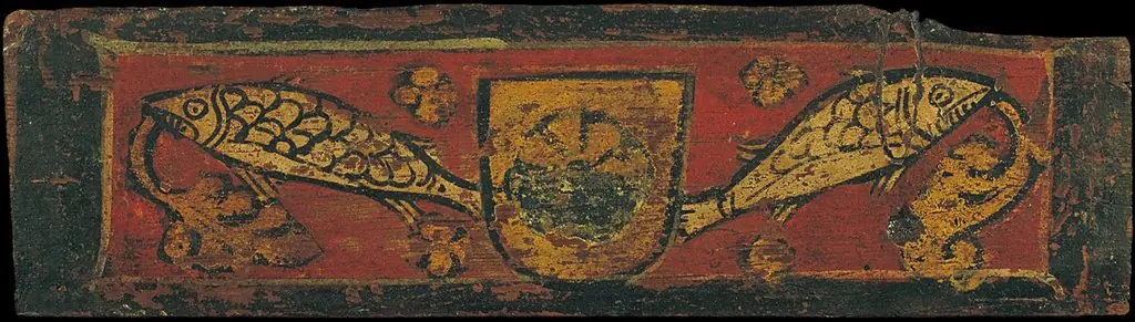 Small coffered ceiling panel with coat of arms and fishes devouring plant motifs, by Unknown