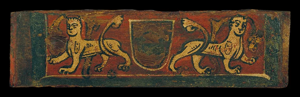 Small coffered ceiling panel with coat of arms and manticores, by Unknown, unspecified