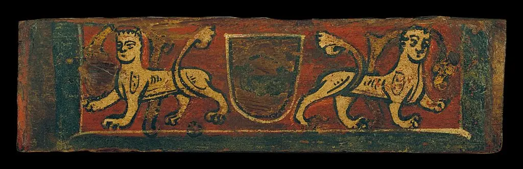 Small coffered ceiling panel with coat of arms and manticores, by Unknown