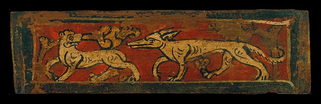 Small coffered ceiling panel with four-legged animals and plant motifs, by Unknown