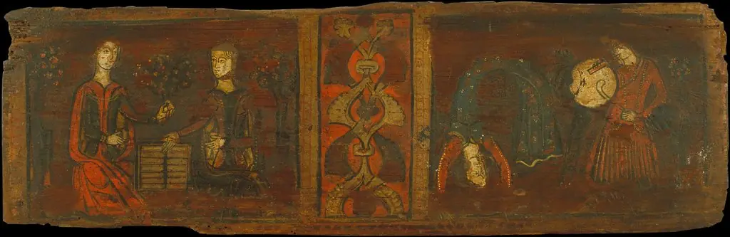 Small coffered ceiling panel with scenes of gallantry and dancing, by Unknown