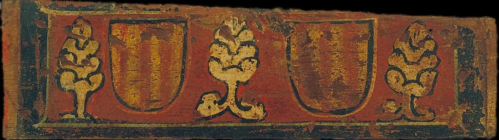 Small coffered ceiling panel with striped coats of arms of the House of Barcelona and plant motifs, by Unknown