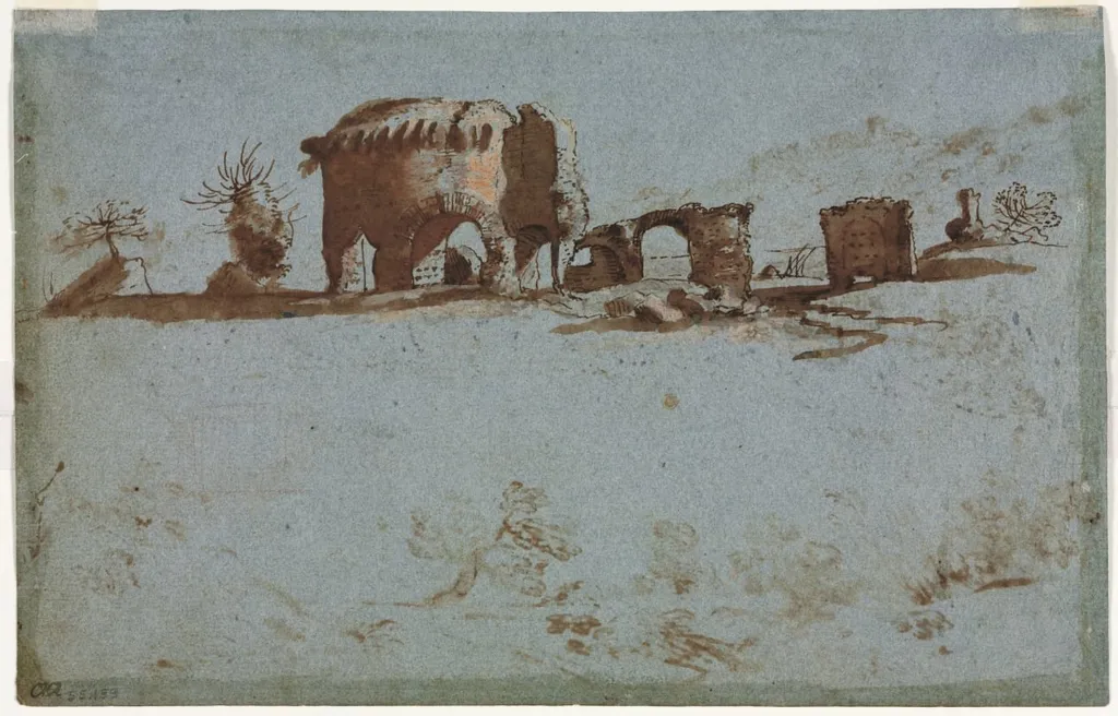 Small Group of Roman Ruins (verso), by Unknown, 1650