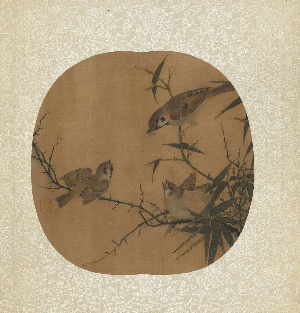 Sparrows, Bamboo, and a Tree, by Unknown