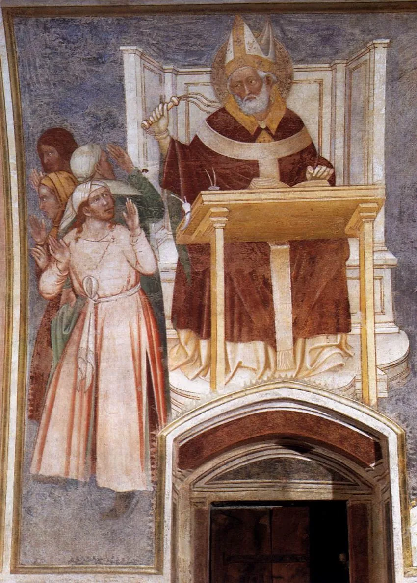 St Ambrose Enthroned Flagellating Two Heretics, by Unknown, fresco, 1375