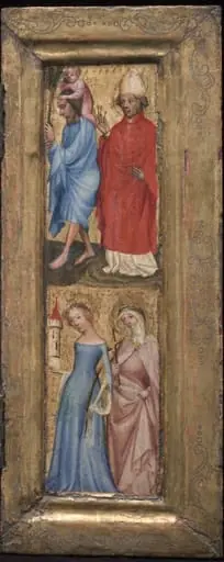 St. Christopher, St. Erasmus, St. Barbara, and another female saint, by Unknown