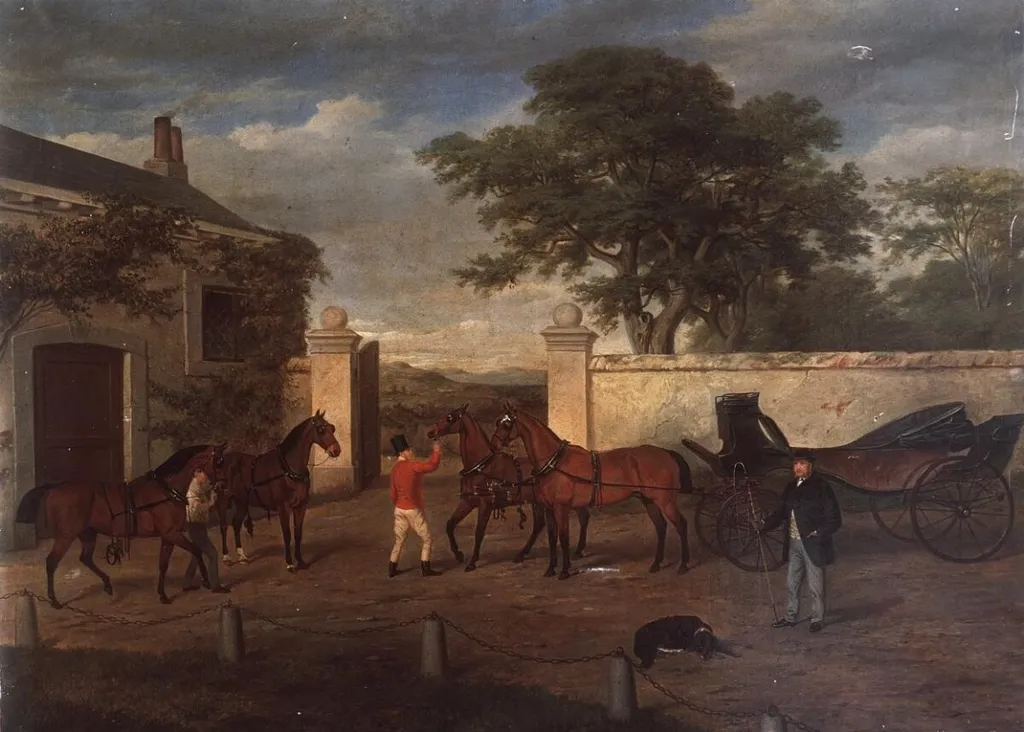 Stable yard scene, by Unknown, oil, 1800