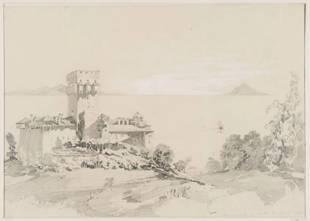 Stavronikéta, on the E. side of Athos; I<sup>s</sup> of Thasos & Samothrace in the distance, by Unknown, 1850