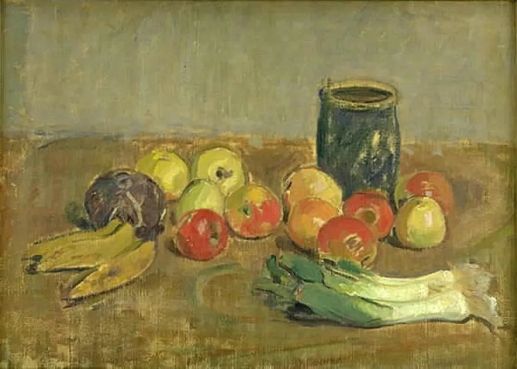 Still Life. Apples, Leeks, Bananas and Green Jar, by Unknown, unspecified, 1908