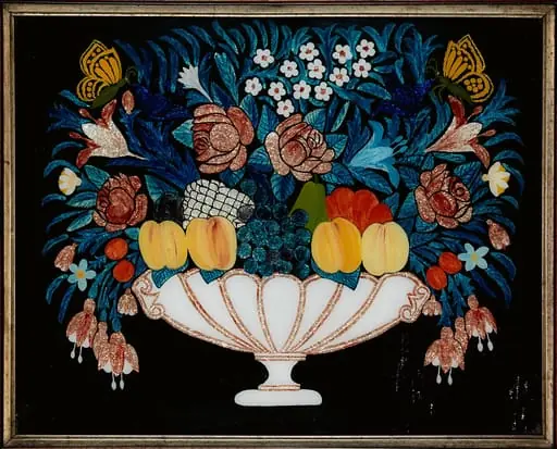Still Life—Flowers and Fruit in White and Pink Bowl, by Unknown, 1850