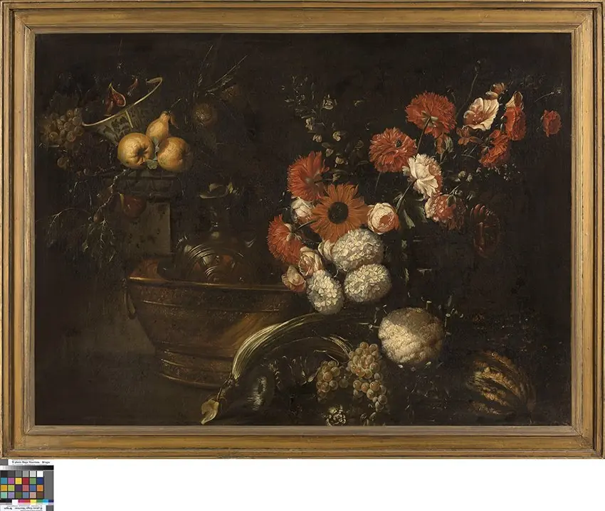 Still life of flowers, fruits, vegetables and ornamental tableware, by Unknown