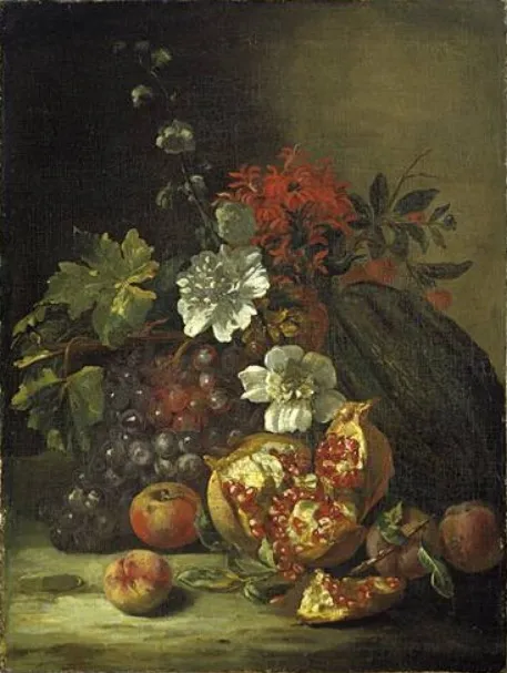 Still life of fruits and flowers, by Unknown, oil, 1702