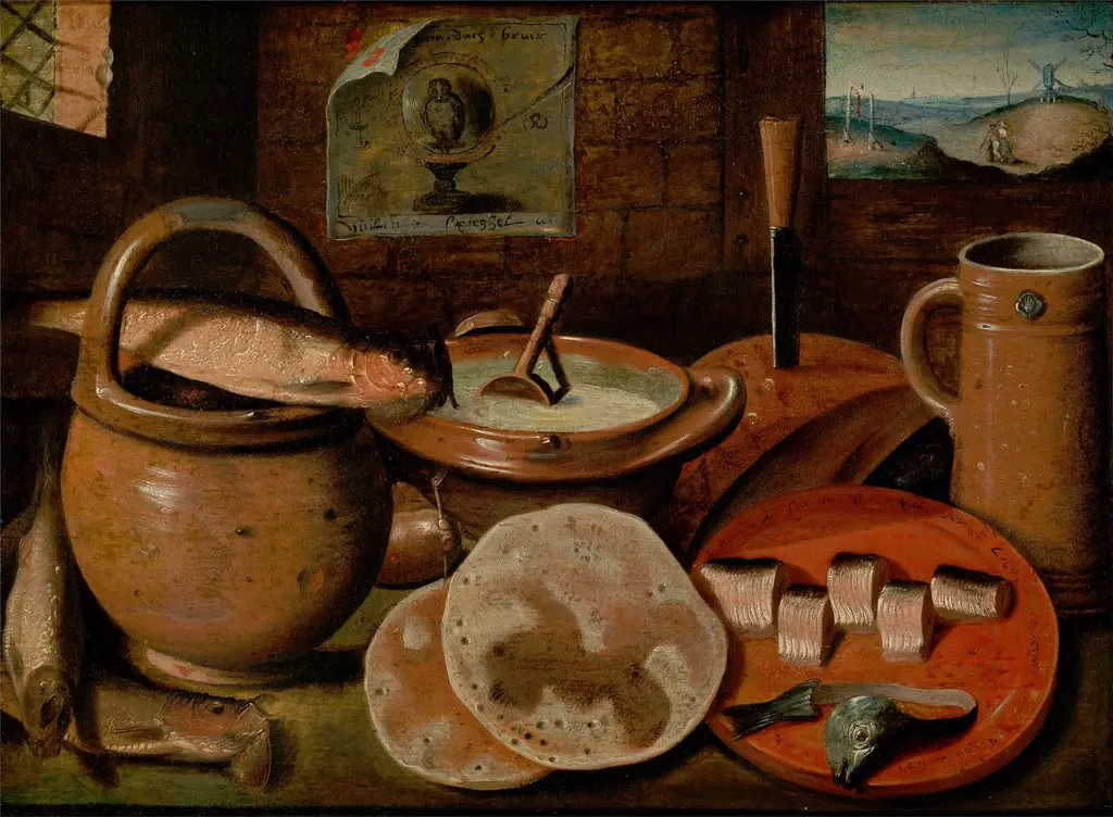 Still Life with a Poor Man's Meal of Porridge, Cheese, Herring and Pancakes, by Unknown, 2000
