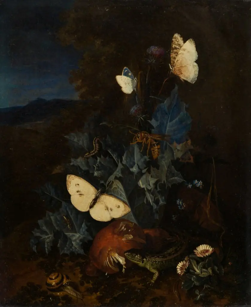 Still-life with a thistle, boletus, snail, lizard, butterflies and a bee in a landscape, by Unknown