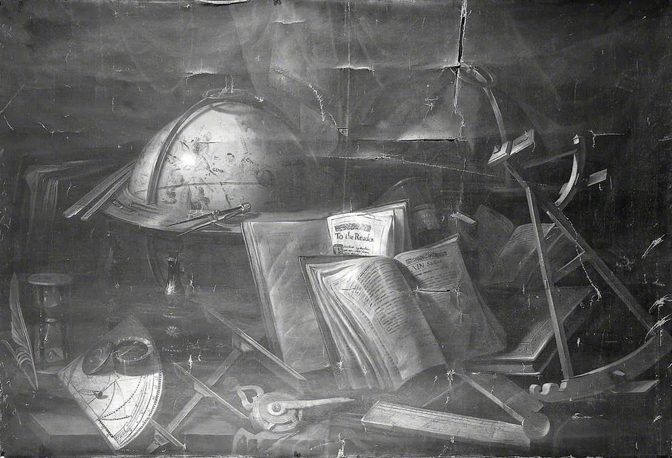 Still Life with Books and Astronomical Instruments, by Unknown, oil, 1700