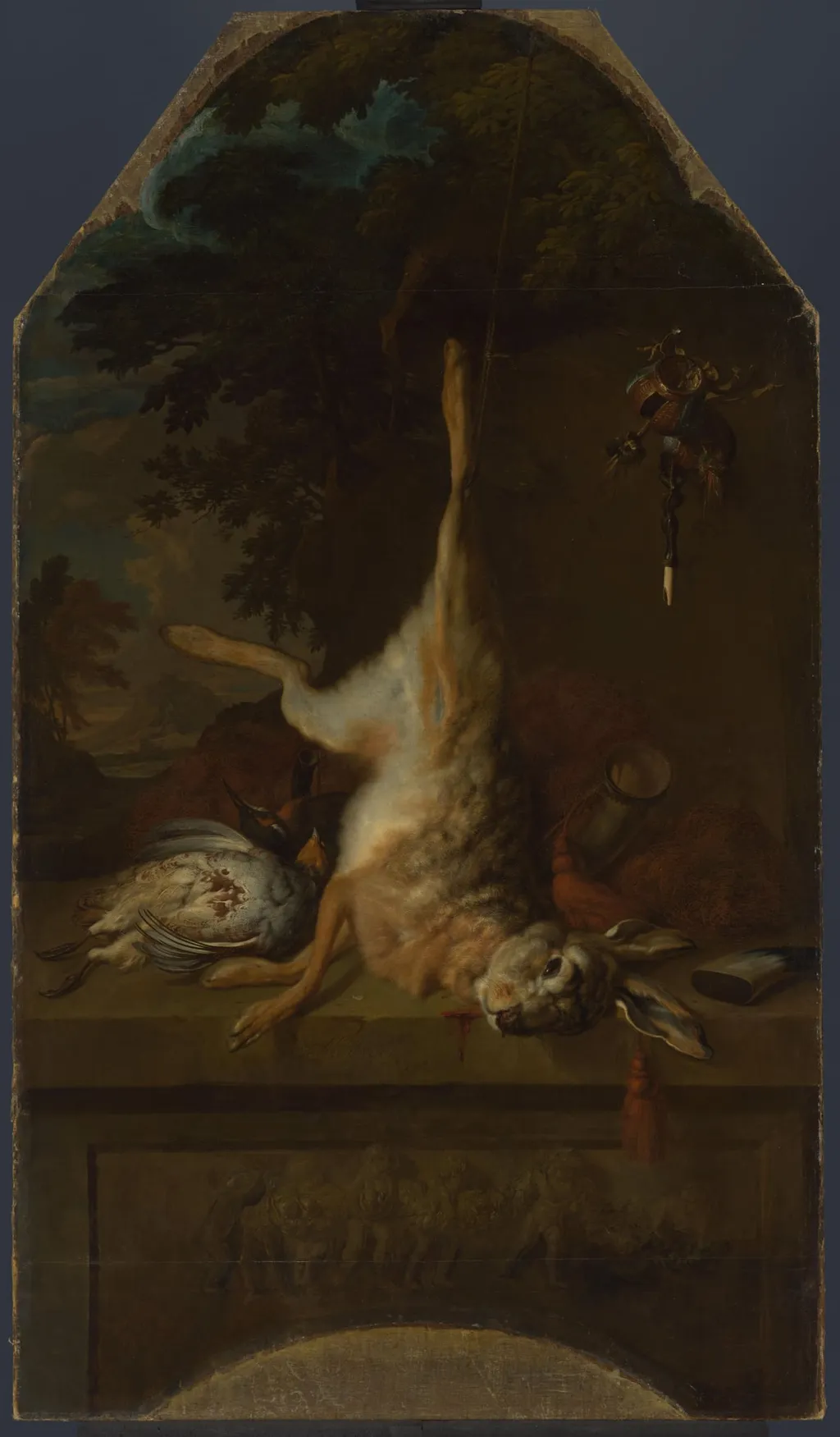 Still Life with Dead Hare and Partridges, by Unknown, unspecified, 1717