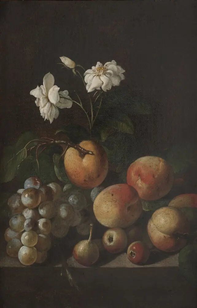Still Life with Fruit and White Roses, by Unknown