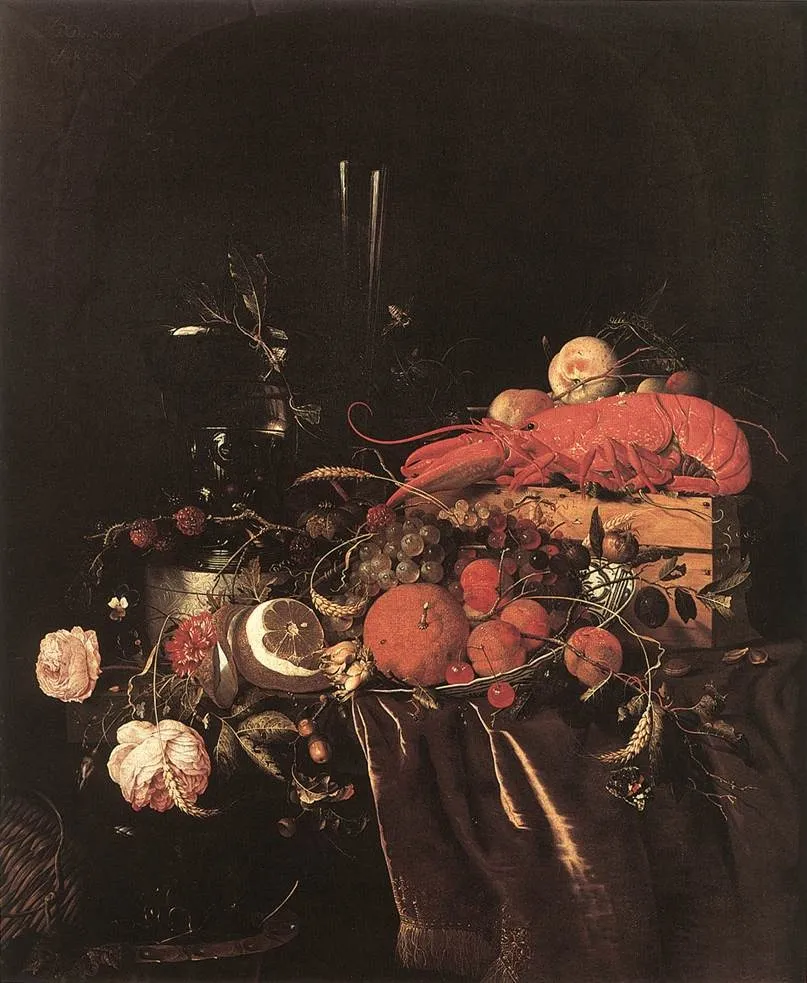 Still-Life with Fruit, Flowers, Glasses and Lobster, by Unknown, oil, 1667