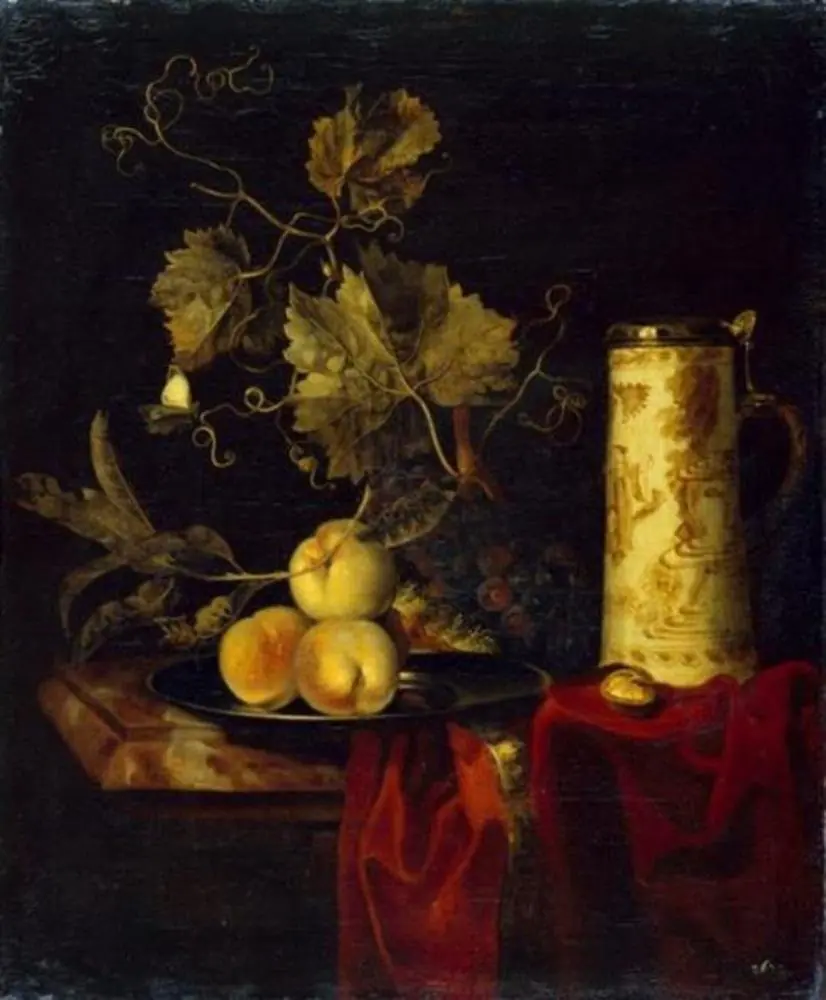 Still life with fruits and beer mug on a dark red robe, by Unknown