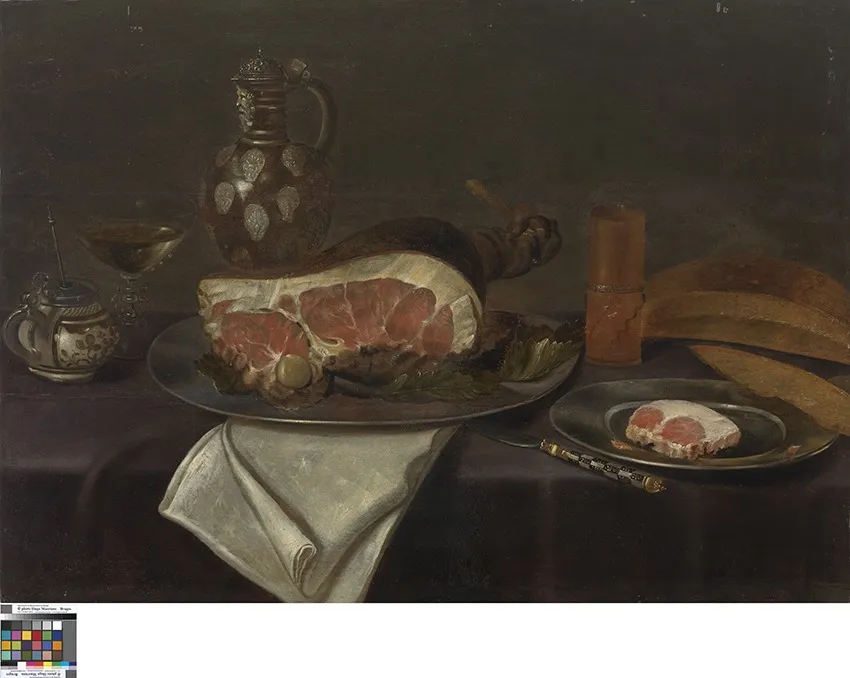 Still life with ham, mustard pot, and stoneware jug, by Unknown, oil, 1601