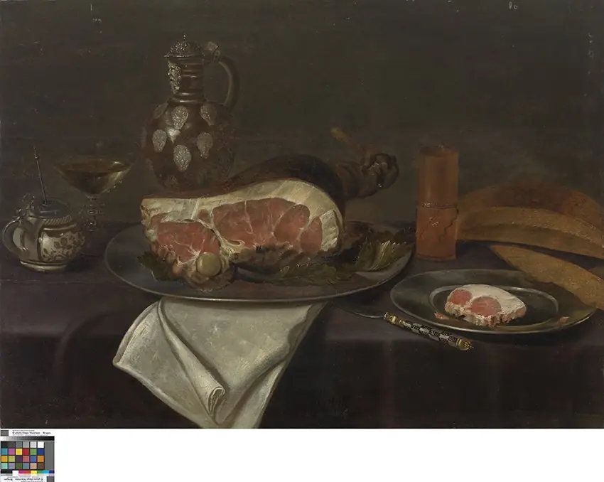 Still life with ham, mustard pot, and stoneware jug, by Unknown