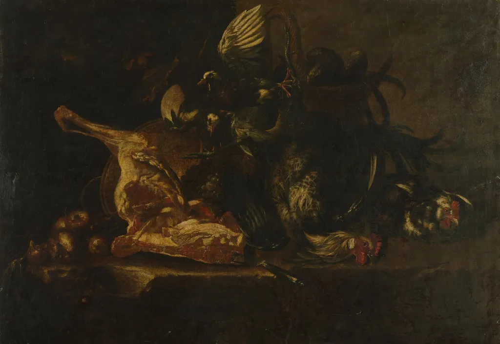 Still life with meat and dead birds, by Unknown, unspecified, 1666