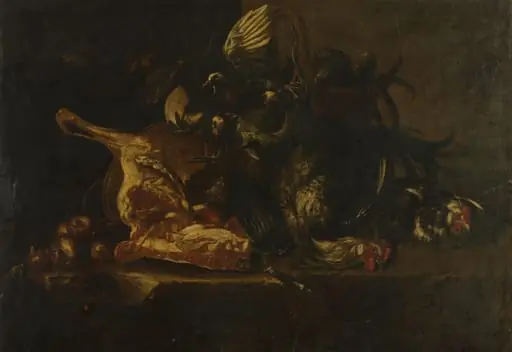 Still life with meat and dead birds, by Unknown