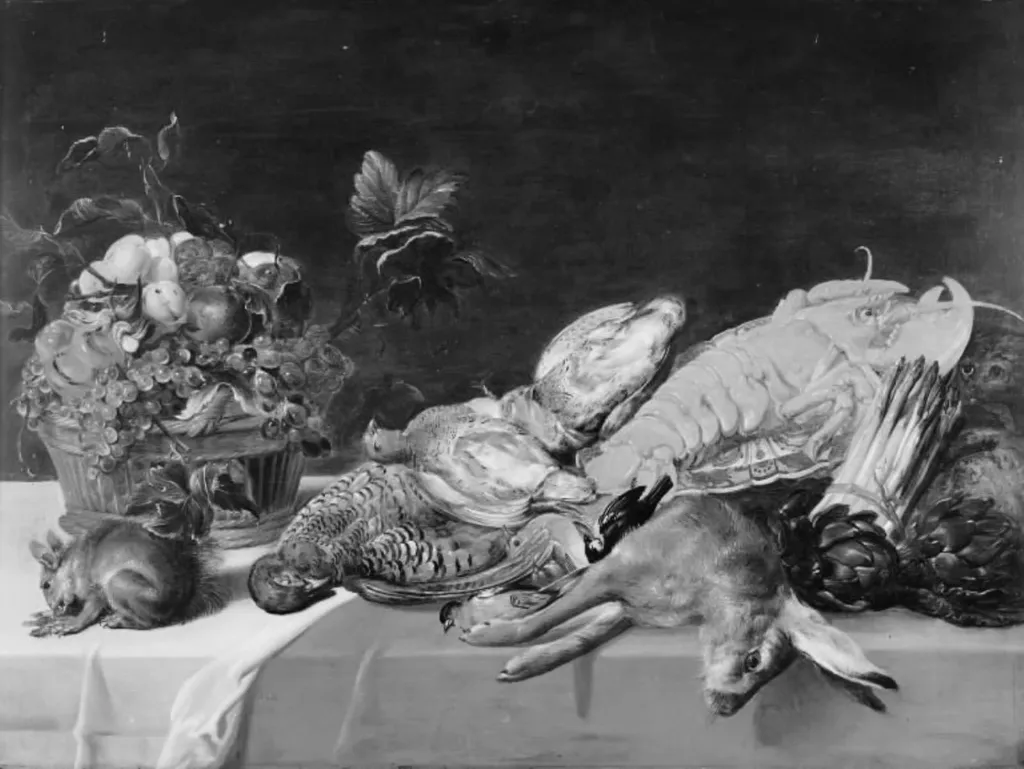 Still Life with Small Game, Fruit, Lobster and a Squirrel, by Unknown, unspecified, 1550