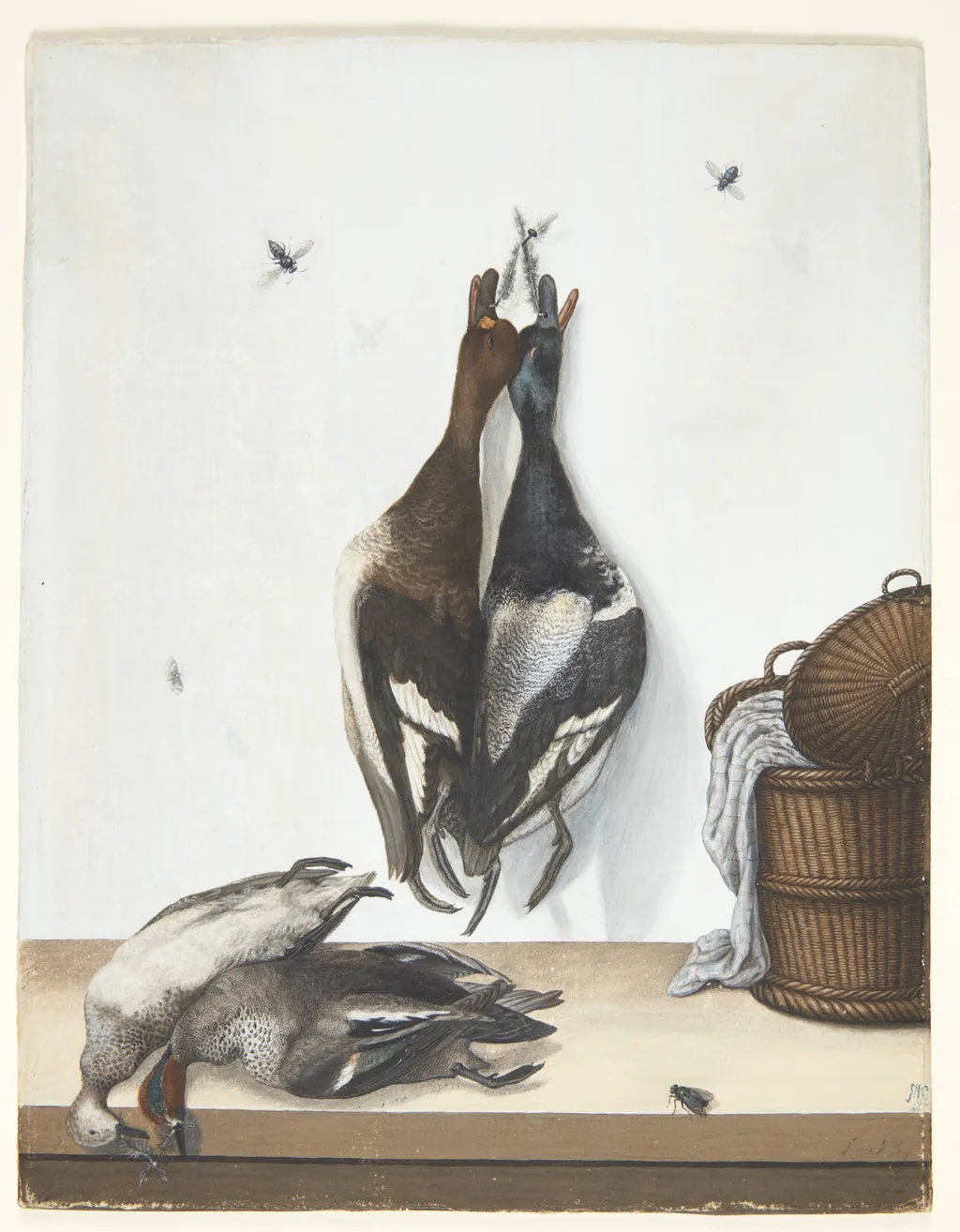 Stilleben med fire ænder og en åben kurv, by Unknown, unspecified, 1750