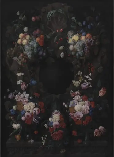Stone Cartouche with Fruit and Flower Garland, by Unknown