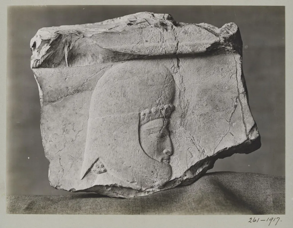 Stone sculpture of a head of a warrior, probably from Palace of Xerxes, by Unknown, photographic, 1917