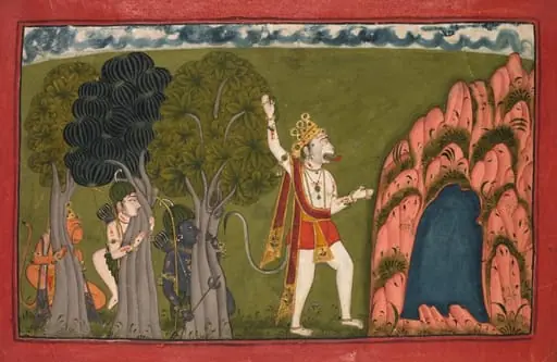 Sugriva challenges his brother Vali, King of the Forest Dwellers, to a duel, folio 10 from the Kishkindha Kanda (Book of Kishkindha) of a Ramayana (Rama’s Journey), by Unknown