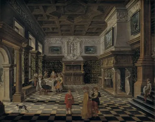 Sumptuous renaissance interior with a banquet, by Unknown