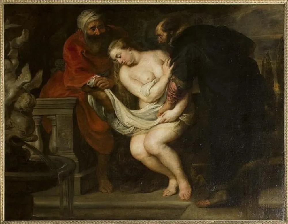 Susanna and the Elders, by Unknown, oil, 1658