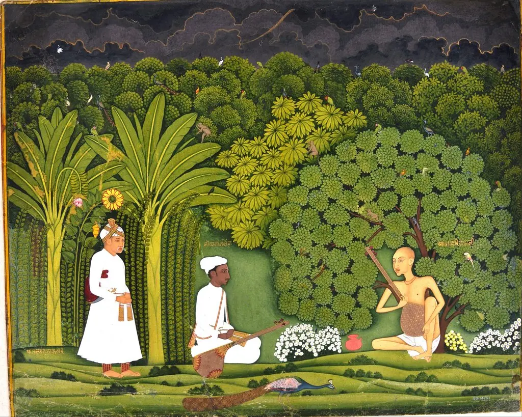 Swami Haridasa with Tansen and Akbar at Vrindavana, by Unknown, 1730