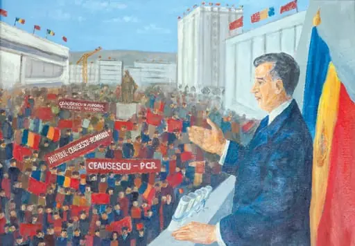 Tablou, ulei pe pânză, „Adunarea populară din Vaslui, iulie 1975”. Realizat de Cercul de Artă Plastică „Arta Vaslui”. Nicolae Ceaușescu vorbește de la balcon oamenilor muncii adunați în centrul civic din Vaslui. Se distinge statuia lui Ștefan cel Mare. Oamenii muncii flutură steaguri și pancarte (”Ceaușescu PCR”, ”Partidul - Ceaușescu - România”, ”Ceaușescu și Poporul Făurește Viitorul”. Oferit de Comitetul Județean de Partid Vaslui, 23 ianuarie 1978., by Unknown