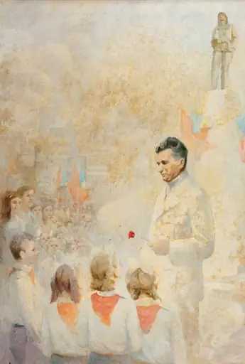 Tablou, ulei pe pânză, „Dezvelirea monumentului ostașului român din Sf. Gheorghe în prezența lui Nicolae Ceaușescu”. Nicolae Ceaușescu ținând o garoafă roșie în mână, înconjurat de pionieri și UTC - iști, în spatele său monumentul proaspăt dezvelit. Comandat și oferit de Comitetul Județean de Partid Covasna, 21 ianuarie 1978., by Unknown