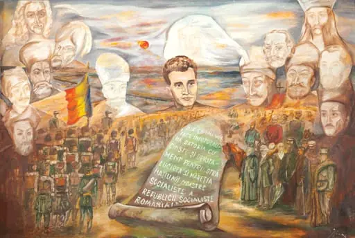 Tablou, ulei pe pânză, executat de Cercul Pionerilor din Drăgănești. A fost realizat, probabil, pentru aniversarea centenarului Independenței (1977). În parte inferioară este reprezentată trercerea Dunării de către armatele române (inspirat dintr-o coromolitografie a Institutuli de Arte Grafice București). În centrul tabloului este figura lui Nicolae Ceaușescu și un pergament pe care este notat jurământul rostit la investitură ”Jur că îmi voi face întodeauna datoria cu cinste și devotament pentru strălucirea și măreția națiunii noastre socialiste a Republicii Socialiste România”. Pe fundal chipurile eroilor neamului ce-l veghează pe ”marele erou” : Dimitrie Cantemir, Ioan Vodă cel Cumplit, Alexandru cel Bun, Avram Iancu, Constantin Brâncoveanu, Matei Basarab, Neagoe Basarab, Iancu de Hunedoara, Vlad Țepeș, Mihai Viteazul, Alexandru Ioan Cuza, Tudor Vladimirescu. Comandat și oferit de Comitetul Județean de Partid Olt, 24 ianuarie 1978., by Unknown