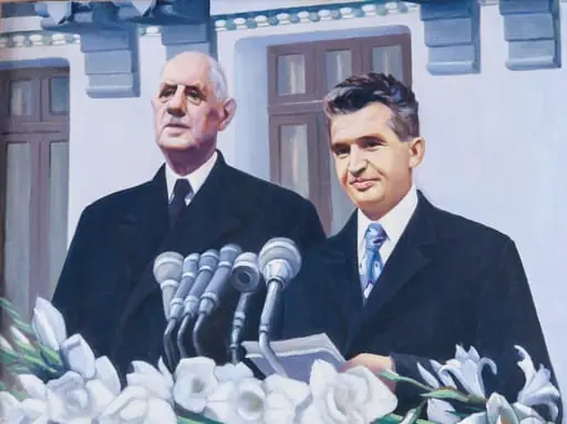 Tablou, ulei pe pânză, Nicolae Ceaușescu și Charles de Gaulle la o adunare populară în Piața Unirii din Craiova, nesemnat, nedatat. Tablou realizat în urma vizitei generalului du Gaulle în România din mai 1968. A fost prima vizită a unui conducător de stat din Occident în România după 1945. Oferit lui Nicolae Ceaușescu în 1973., by Unknown