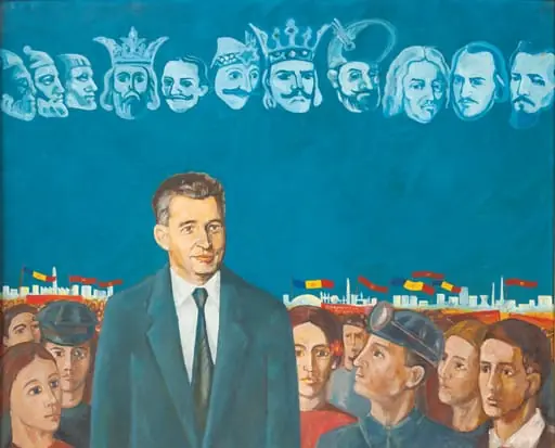 Tablou, ulei pe pânză, „Omagiu”, nesemnat. Nicolae Ceaușescu este prezentat în mijlocul oamenilor muncii vegheat de ”fantomele” eroilor neamului : Burebista, Decebal, Traian, Mircea cel Bătrân, Iancu de Hunedoara, Vlad Țepeș, Ștefan cel Mare, Mihai Viteazul, Dimitrie Cantemir, Nicolae Bălcescu, Alexandru Ioan Cuza (de la stânga la dreapta). Comandat și oferit de Comitetul Județean de Partid Tulcea, 22 ianuarie 1978., by Unknown, 1850