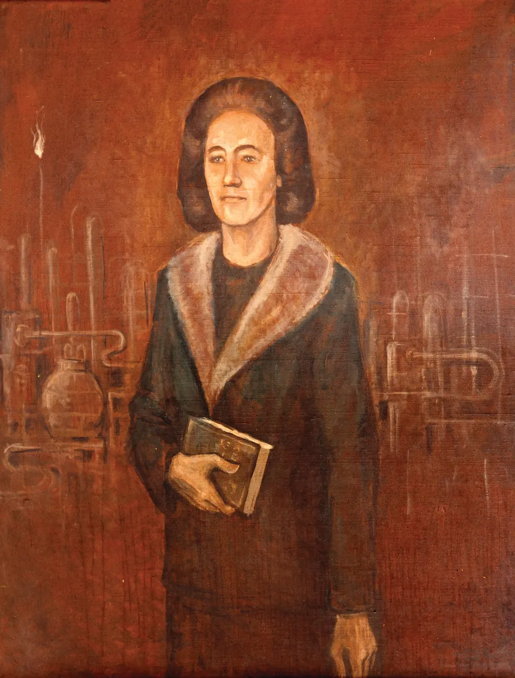 Tablou, ulei pe pânză, Portret Elena Ceaușescu, lucrarea nu este semnată sau datată. Elena Ceaușescu este prezentată ținând în mâna dreaptă un volum (probabil lucrarea sa de doctorat), în fundal se disting instalații industriale din domeniul chimic și petrochimic. Comandat și oferit de Comitetul Municipal al Femeilor, București, 6 ianuarie 1979., by Unknown, 1850